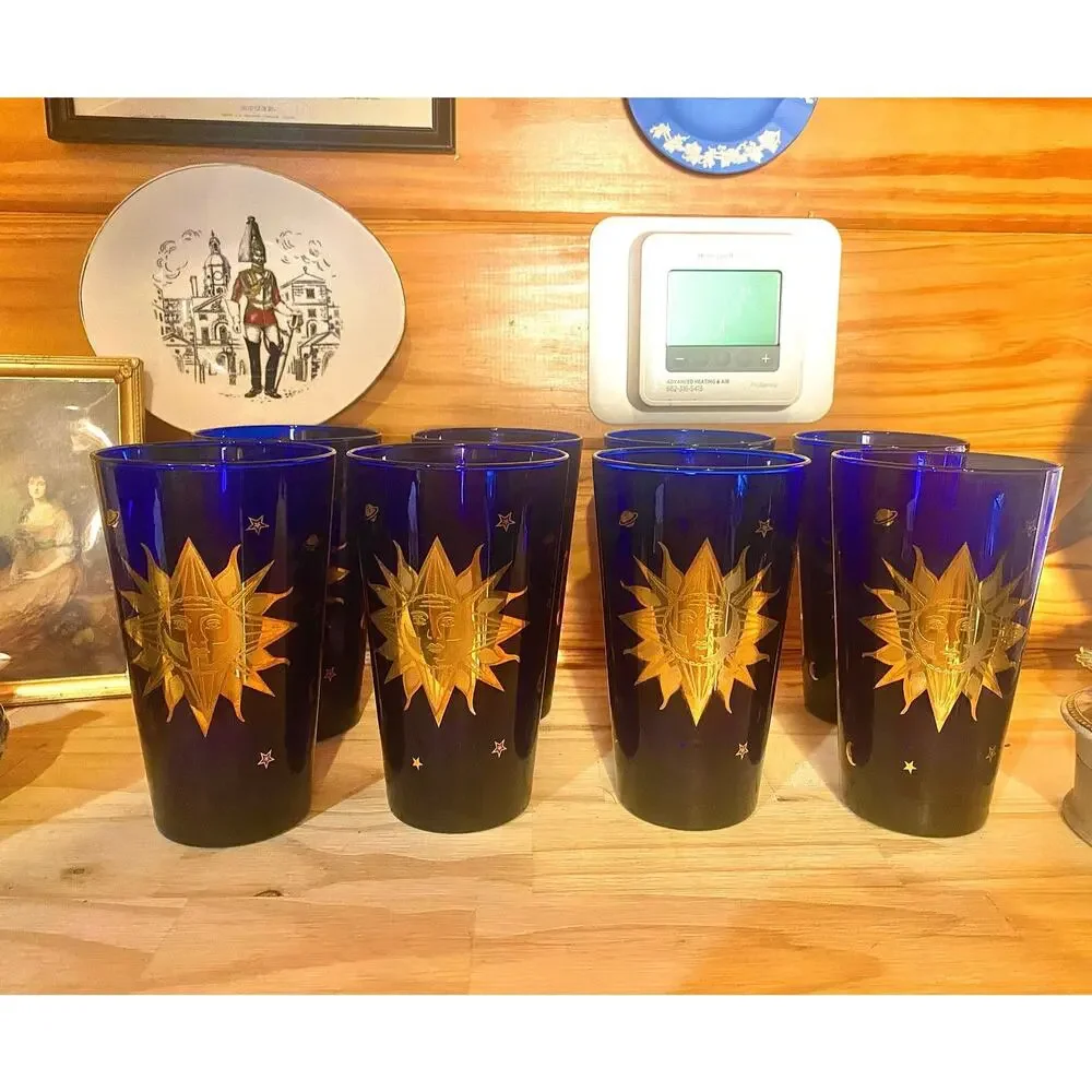 Vintage Culver Celestial Cobalt Blue Glassware Set 22K Gold Sun Moon Stars